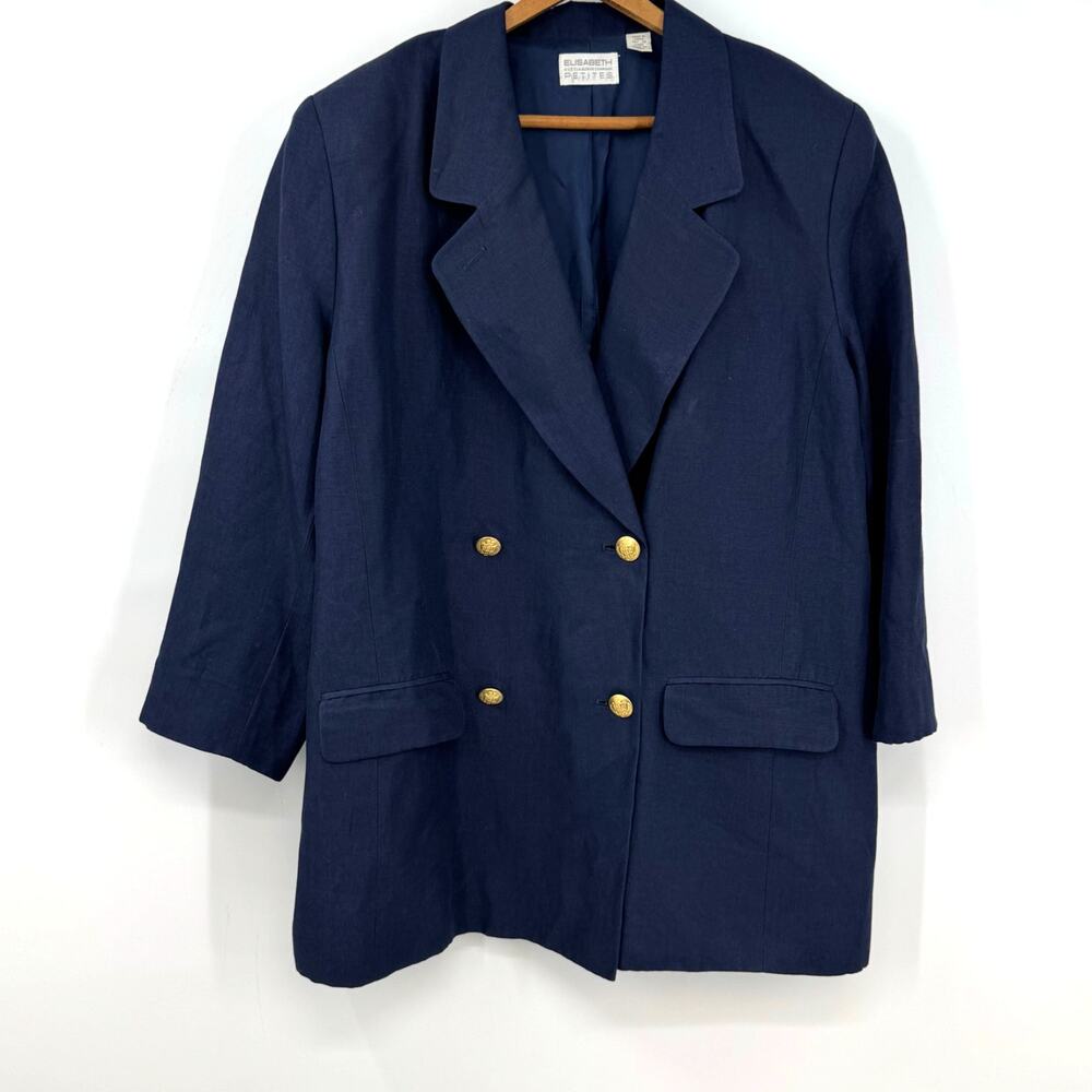 VTG Liz Claiborne Linen Blazer Jacket 18W Petite Blue Double Breasted Old Money